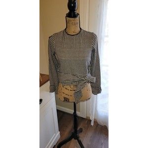 Zara GINGHAM Long Sleeve Ruffle Detail exposed shoulder Blouse Shirt Size XS